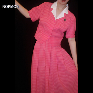 NOPMOB 火龙果色 夏日多巴胺女孩复古日系玫红粉色套装短袖衬衫夏