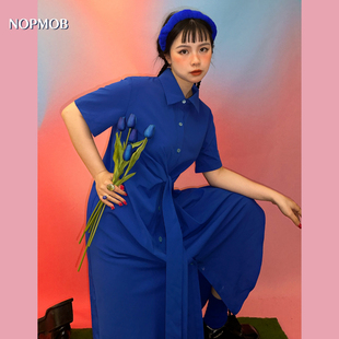 NOPMOB 克莱因蓝 宝蓝色显高显瘦收腰结构绑带打结衬衫连衣裙女夏