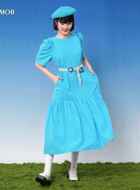 NOPMOB 昭和复古少女 日系彩蓝色泡泡袖宽松显瘦短袖连衣裙夏新款