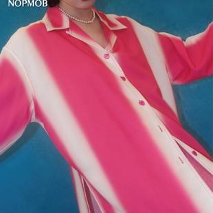 NOPMOB 原创设计感小众芭比粉色渐变条纹长袖开衬衫上衣秋季新款