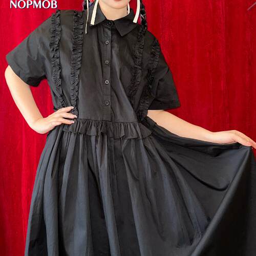 NOPMOB 黑鸦 复古棉质宽松微胖大码显瘦蛋糕短袖衬衫连衣裙女夏