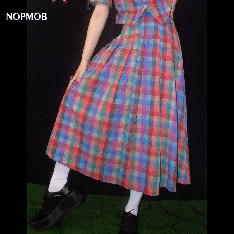 NOPMOB 复古少女彩虹色格子短袖西装两件整套装A字型百褶长半裙女