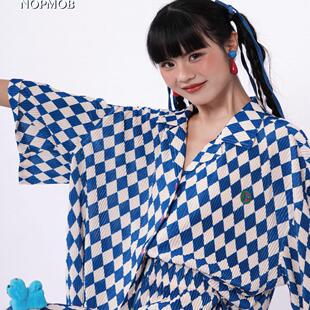 套装 衬衫 女 宽松慵懒显瘦短袖 NOPMOB蓝白棋盘格原创设计感褶皱大码