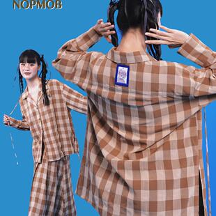 NOPMOB 积木塔 复古棕色格子植物系穿搭宽松慵懒大衬衫上衣秋冬春