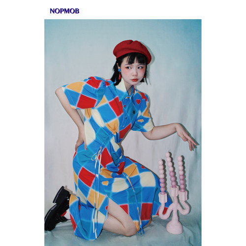 NOPMOB 霓虹街灯 彩色格子复古显高显瘦改良旗袍连衣裙女夏新款