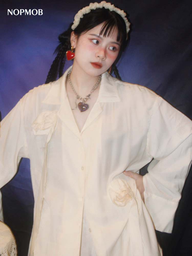 NOPMOB  破碎白玫瑰 立体手工做旧花朵宽松设计感小众长袖衬衫女