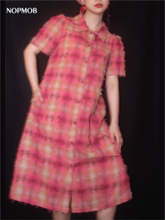 衬衫 复古磨毛须彩粉色格子复古显高瘦短袖 连衣裙 草莓田 NOPMOB