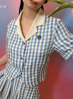 NOPMOB 软奶蓝色 复古着格子原创设计感短袖衬衫两件套装连衣裙女