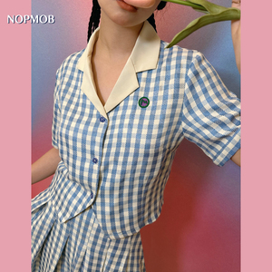 NOPMOB 软奶蓝色 复古着格子原创设计感短袖衬衫两件套装连衣裙女