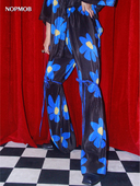 NOPMOB 女 套装 蓝色大花花 原创设计感压褶皱宽松显瘦微喇叭阔腿裤