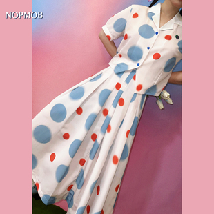 NOPMOB 红蓝波点 圆点蓝色原创2023短袖衬衫套装连衣裙夏季新款女