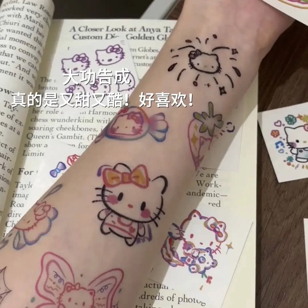 创意多巴胺彩色KT猫纹身防水少女持久仿真卡通可爱时尚可洗纹身贴