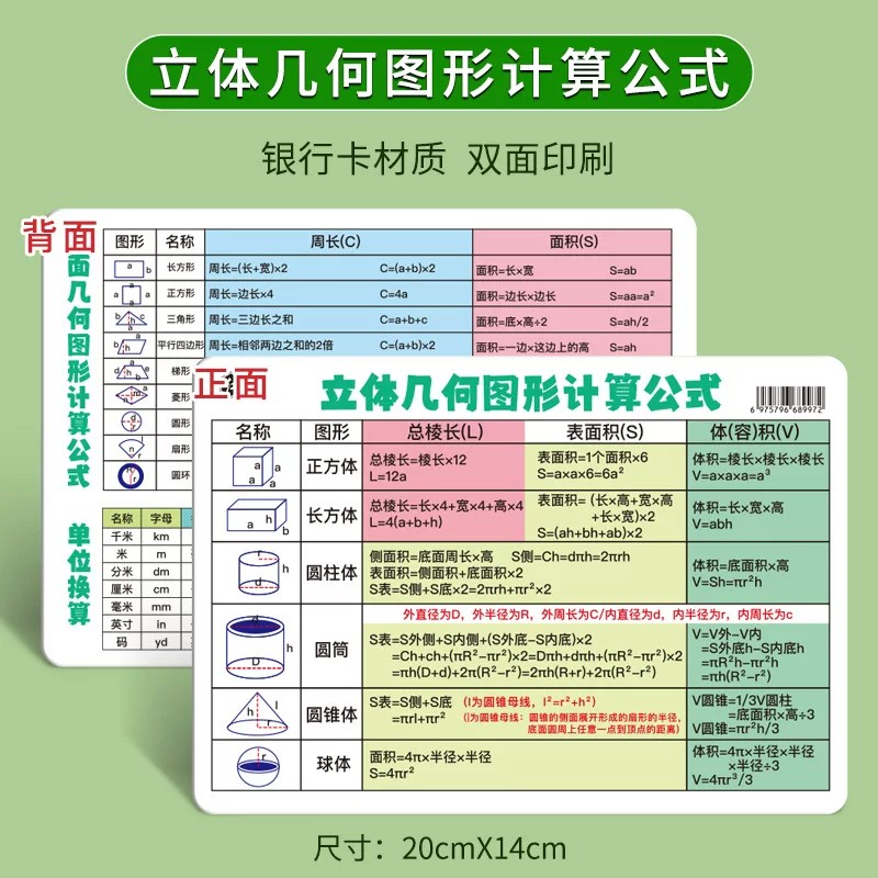 初中数学公式及知识点大全立体几何计算卡片物理化学元素周期表卡