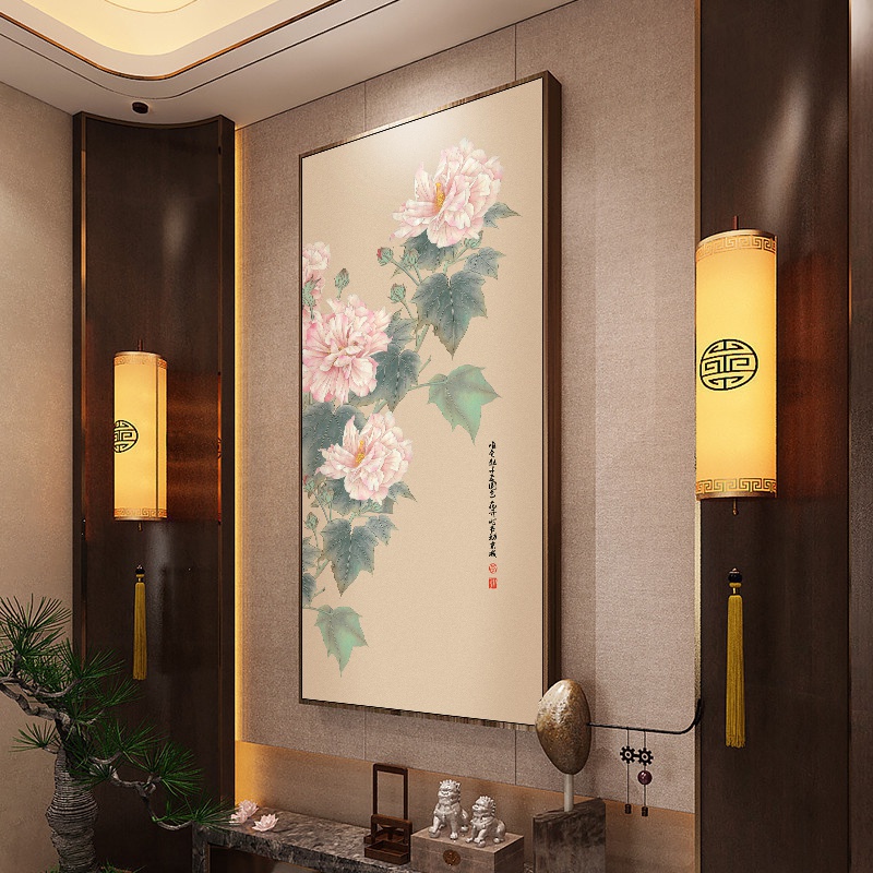 牡丹入户玄关画花开富贵竖版装饰画中式书房禅意挂画国风背景墙画图片