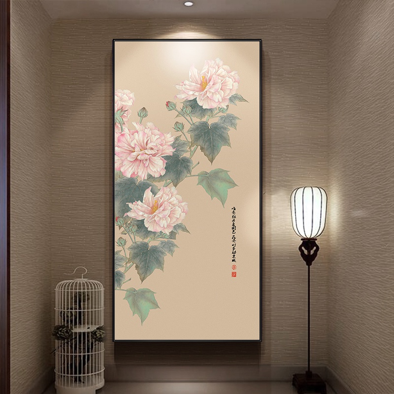 牡丹入户玄关画花开富贵竖版装饰画中式书房禅意挂画国风背景墙画图片