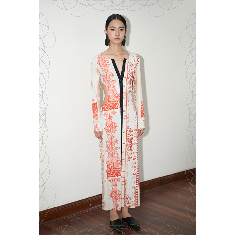 ENKSH亨利领印花修身长裙