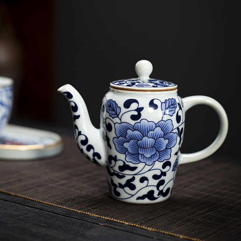德化粗陶复古青花瓷提梁壶缠枝莲陶瓷复古风日式沏茶壶泡茶器单壶