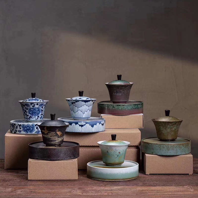 复古青花缠枝莲乐陶壶承盖碗粗陶银斑敬茶杯三才杯茶备陶瓷茶碗