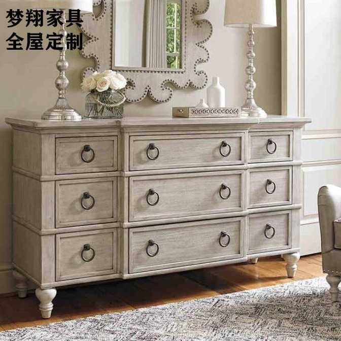 新款直销美式乡村实木斗柜法式白色复古做旧玄关柜简约九斗柜餐边