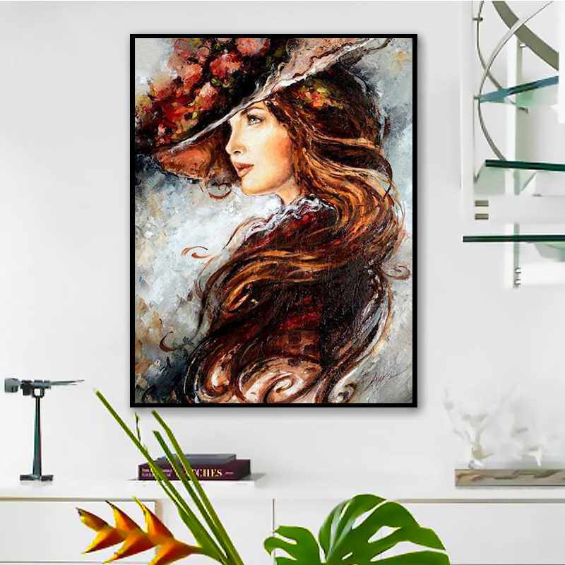 新款直销简约现代满钻石画帽子美女点贴钻十字绣人物卧室简单小幅