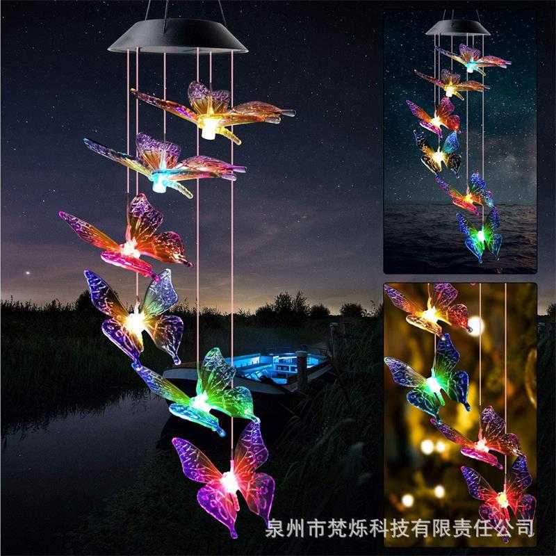 新款直销跨境太阳能风铃灯户外庭院灯蝴蝶七彩蜂鸟天使装饰米粒白