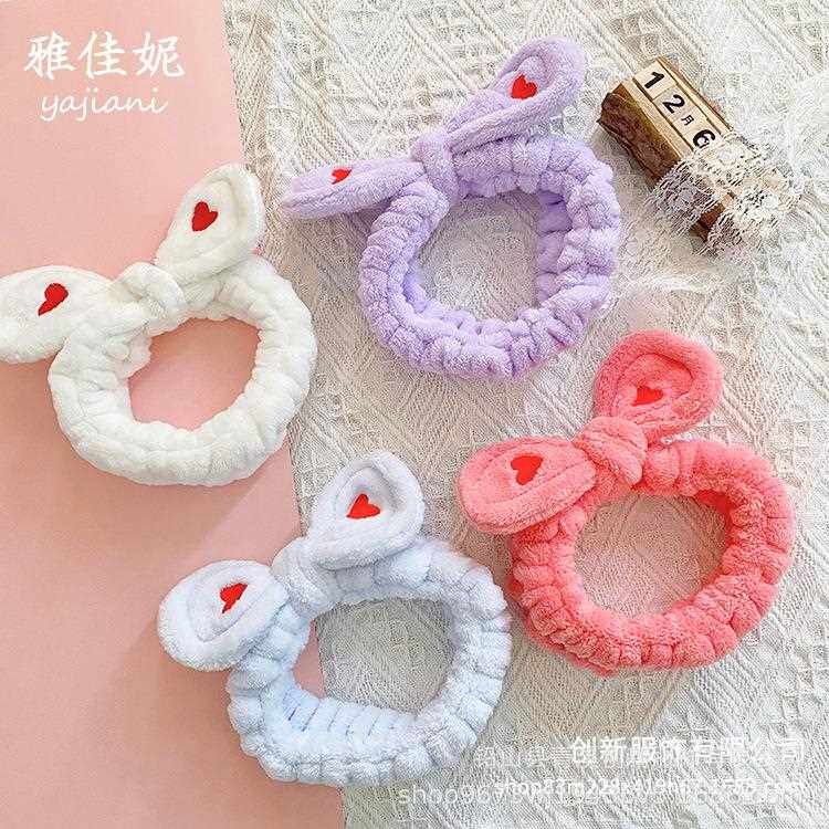 新款直销韩版爱心刺绣蝴蝶结发带 法莱绒洗脸化妆瑜伽束发带