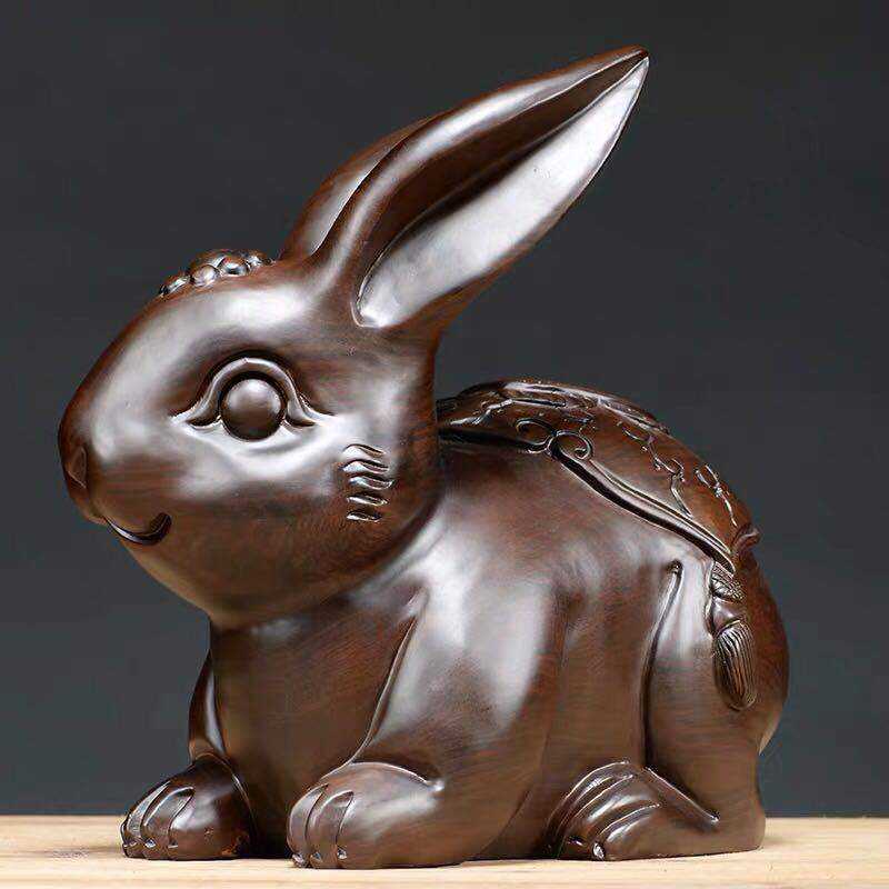 新款直销可爱福财兔子木质工艺品摆件实木雕刻家居客厅黑檀花梨木
