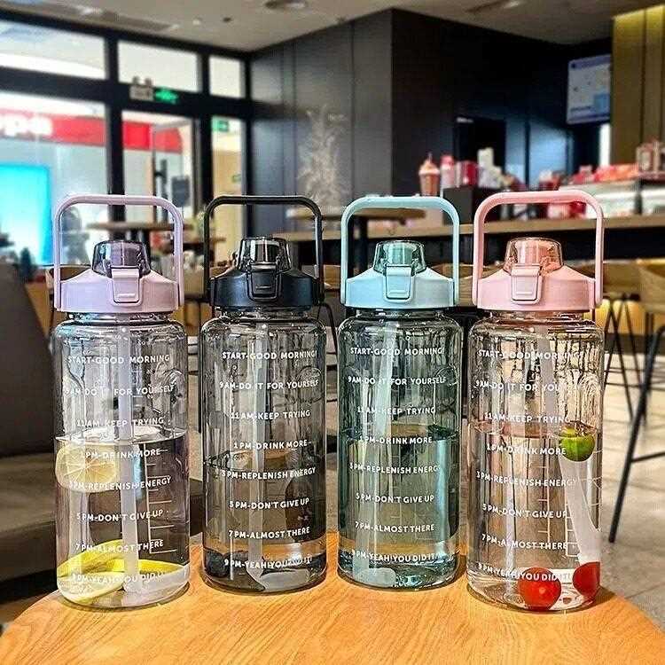 新款直销太空杯2000ml水杯夏季健身吸管杯带刻度户外水壶便携塑料