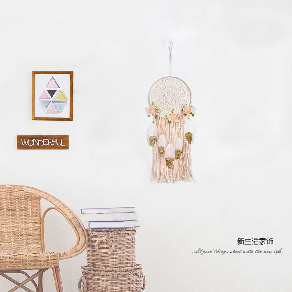 新款直销简约装饰艺编制婚礼装饰爆款金色羽毛花朵捕梦网装饰MS00