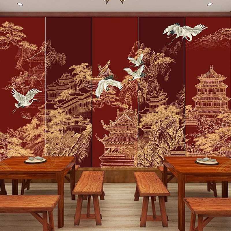 新款直销中式红色意境拼色山水阁楼书房背景墙纸壁布酒店餐厅茶室
