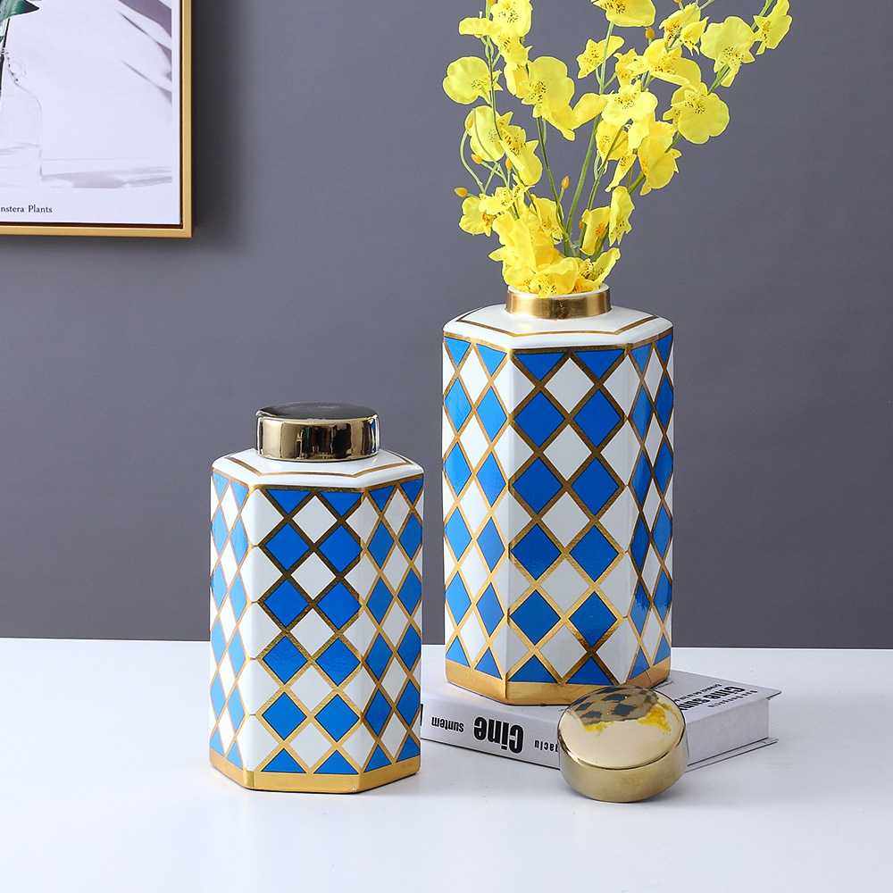 新款直销陶瓷六角瓶黑白格陶瓷罐储蓄罐现代简约陶瓷花瓶玄关家居,家居饰品,储物罐,淘宝优惠券,粉丝福利购,淘宝优惠卷