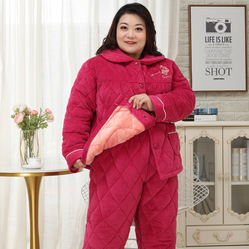 女士睡衣冬季睡衣加厚加绒三层夹棉特厚棉袄加肥加大码200斤棉服