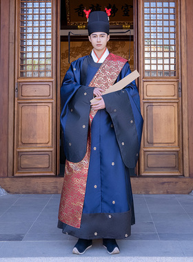 布许原创明制汉服进士服襕衫文人学士状元服礼服蓝罗袍平摆圆领袍