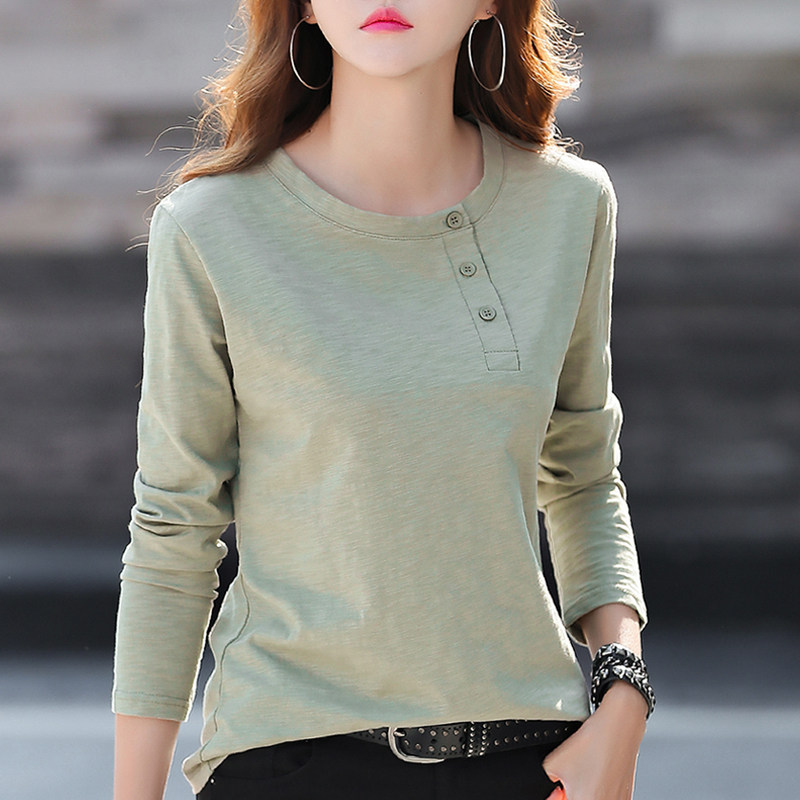 竹节棉长袖t恤女韩版春装新款宽松显瘦打底衫纯色百搭体恤上衣服