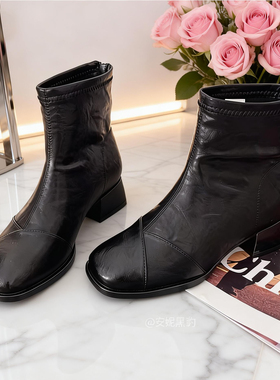 安妮黑豹专柜正品法式油蜡粗跟短靴女新款方头单马丁靴中跟瘦瘦靴
