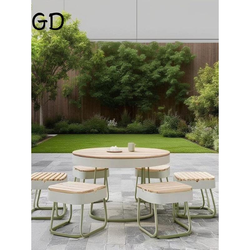 现代户外圆形桌椅组合室外庭院阳台休闲桌子露天塑木防水防晒圆桌