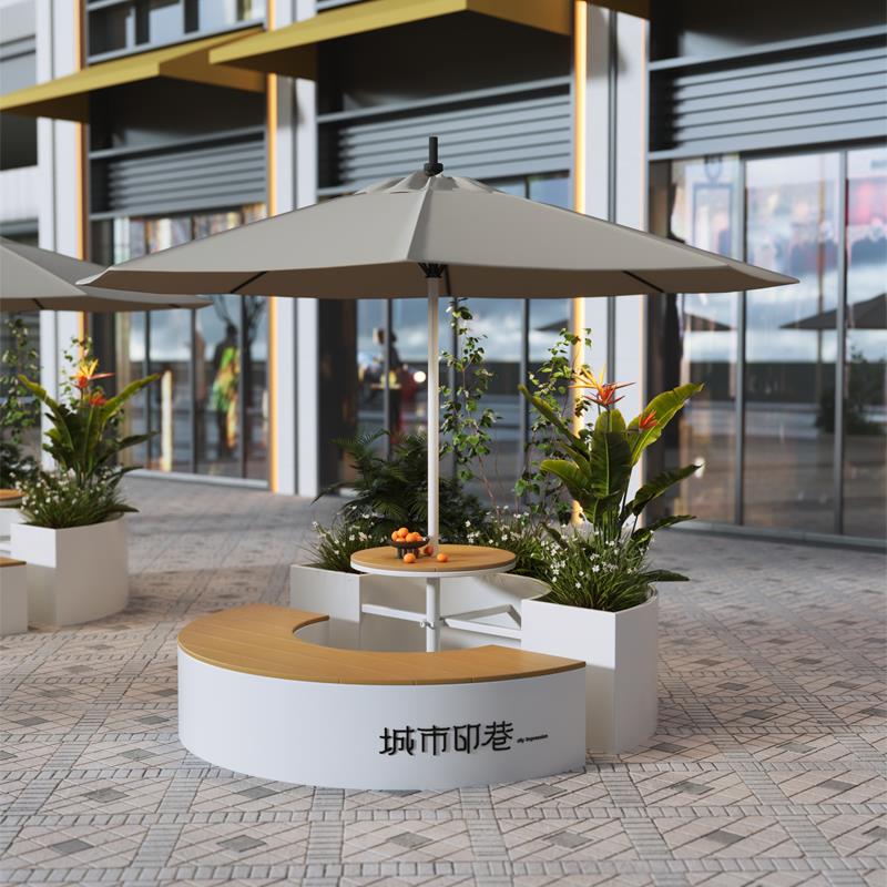 商业街广场室外半圆桌椅防晒公园椅休闲 铁艺塑木坐凳花箱围栏组