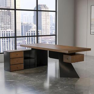 loft铁艺实木老板办公桌创意经理总裁带侧柜台式电脑桌大班台定制