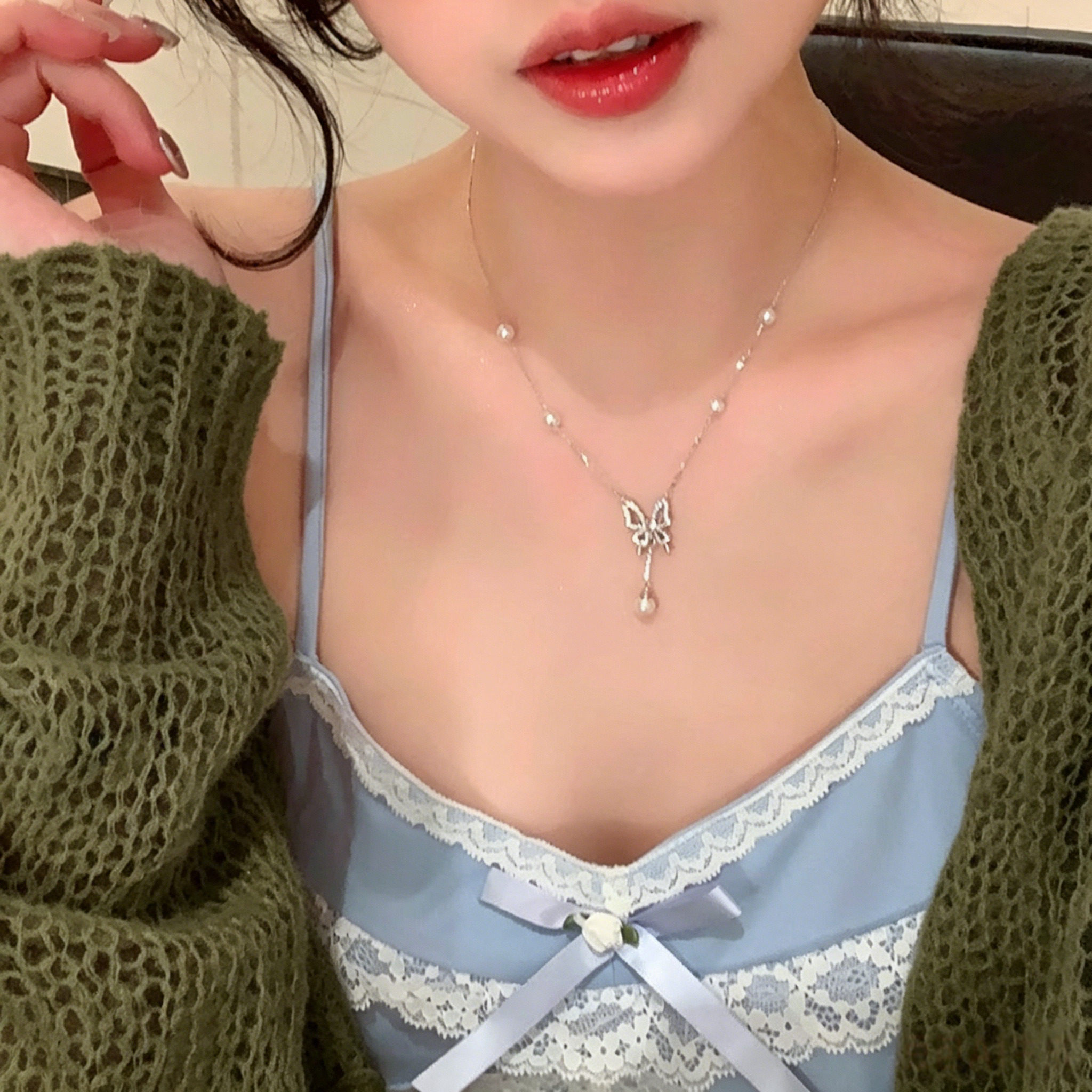 不致敏高保色蝴蝶珍珠锁骨链