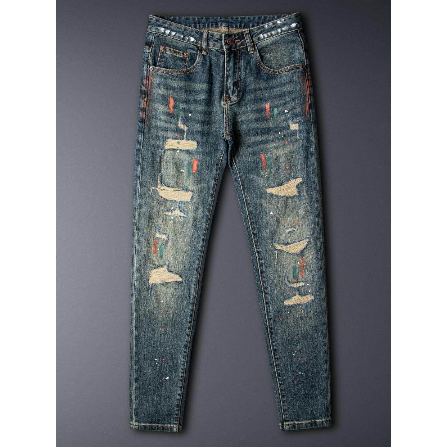 秋季复古做旧破洞牛仔裤男潮牌痞帅弹力修身小脚泼漆补丁紧身裤子