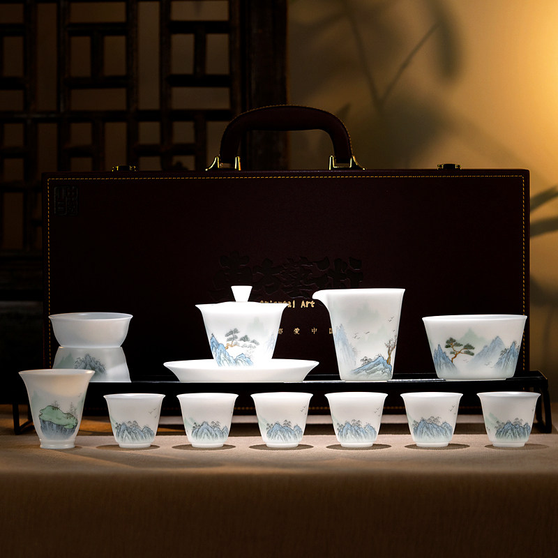 冰种羊脂玉茶具套组家用手绘功夫盖碗茶杯茶壶轻奢高档高颜值礼盒