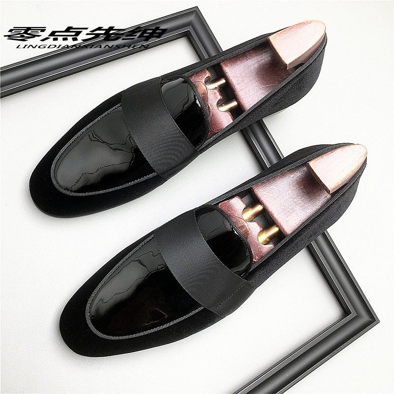 时尚潮男一脚蹬西装小皮鞋真皮天鹅绒拼接正装乐福鞋套脚发型师鞋