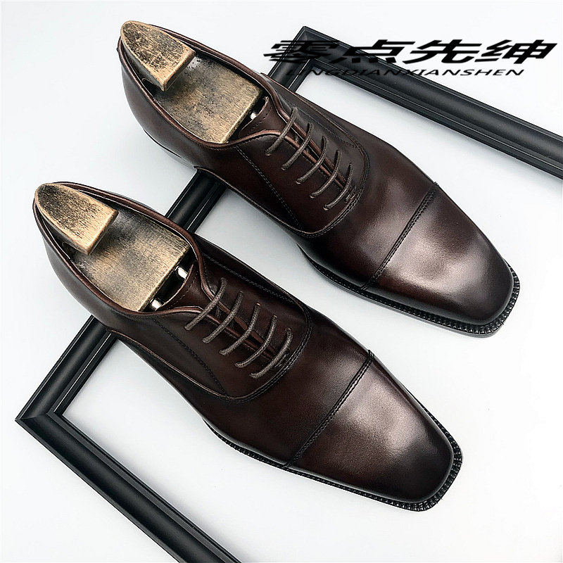 新款男士皮鞋商务正装英伦风结婚新郎鞋真皮三接头系带方头西装鞋