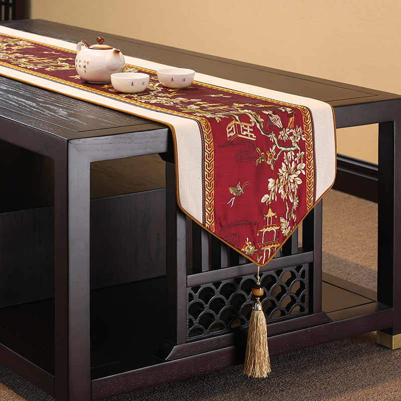 新中式桌旗禅意茶席茶台布艺长条茶几桌布茶桌电视柜垫布红色床旗