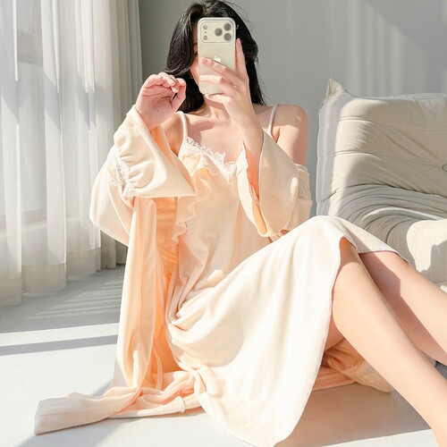 法式性感睡衣女纯欲2026秋冬季海岛绒加绒带胸垫吊带睡裙长裙睡袍