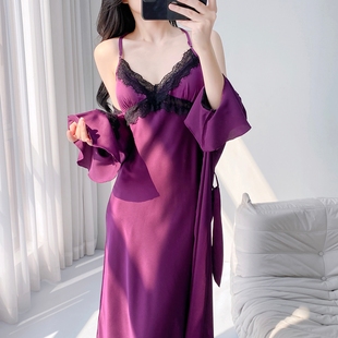 蕾丝带胸垫吊带睡裙长裙睡袍套装 性感睡衣女纯欲风2026春夏季 新款