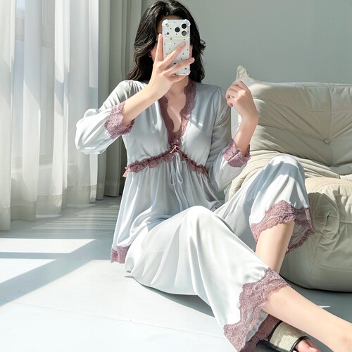 法式睡衣女款冰丝纯欲2026秋季新款高级感蕾丝花边长袖长裤家居服