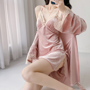 性感睡衣2025秋冬季金丝绒吊带睡裙睡袍女蕾丝高级感带胸垫家居服