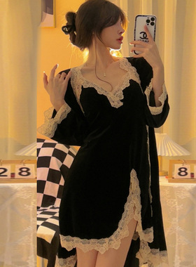 秋冬睡衣女性感金丝绒长袖睡袍两件套装蕾丝带胸垫吊带睡裙家居服