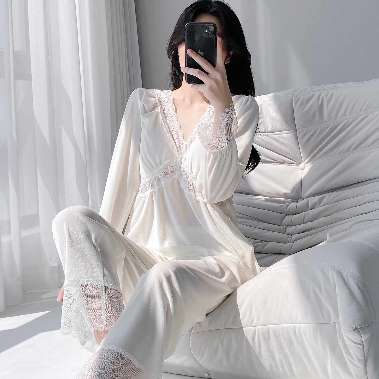 法式性感蕾丝带胸垫长袖长裤睡衣